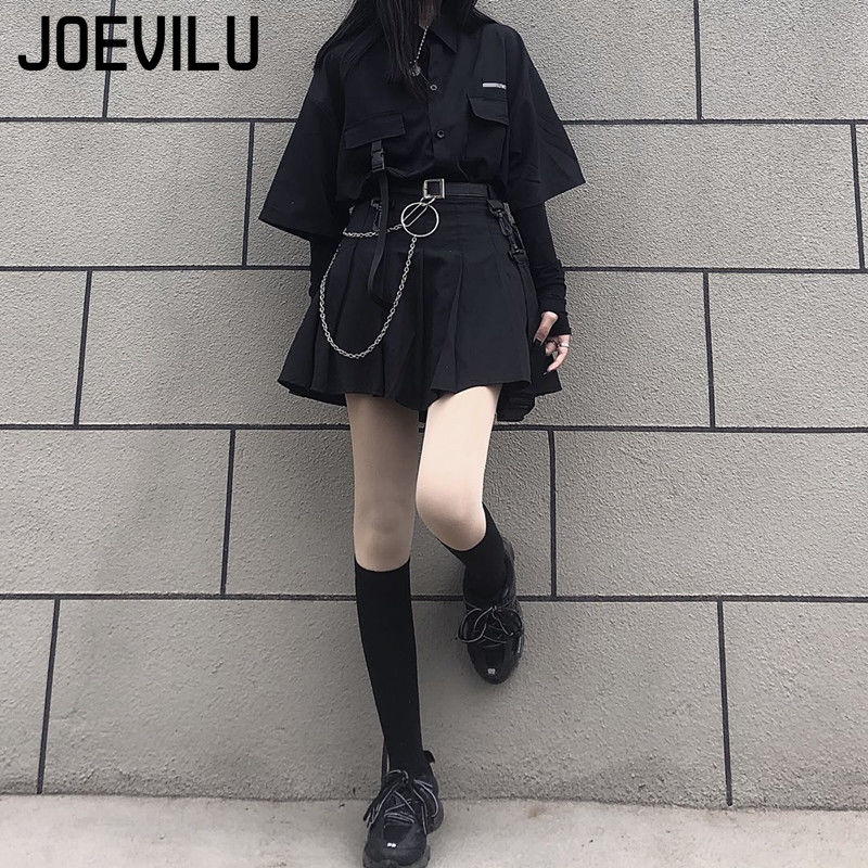 Ensemble jupe gothique pour femmes, chemise ample, Mini jupes plissées, ensemble 2 pièces, tenues décontractées rétro coréennes, costume esthétique Y2k, printemps été