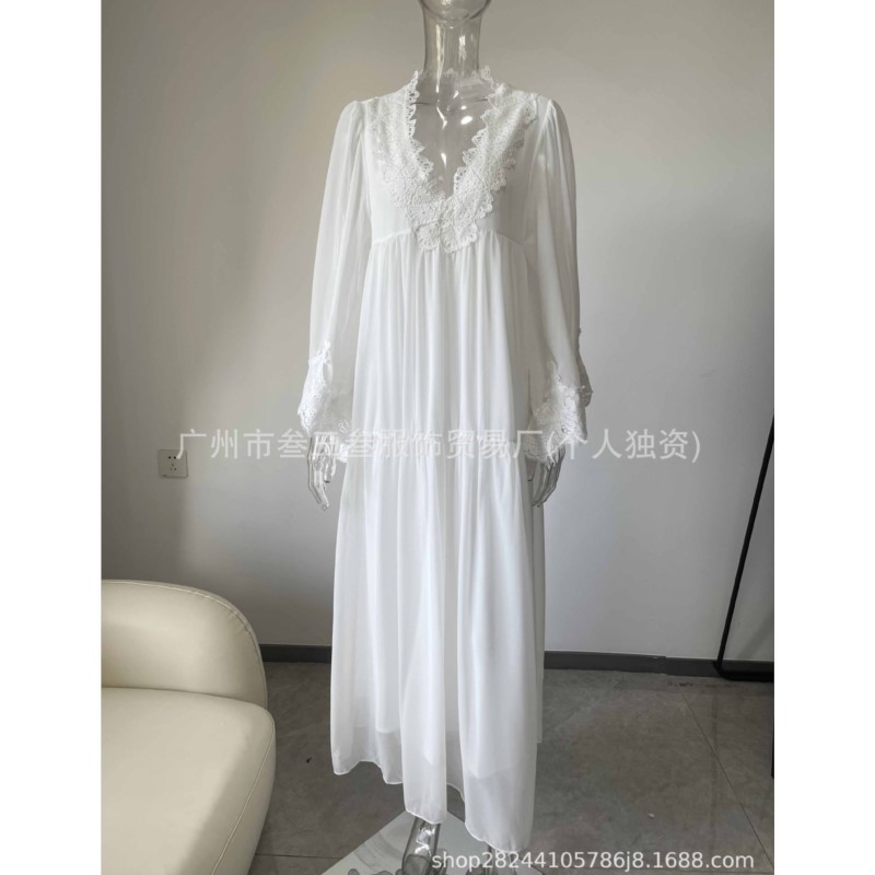 Robe longue élégante unie pour femme, décontractée, avec dentelle, col en V sexy, fluide, pour la plage, les vacances, les fêtes, Vestidos