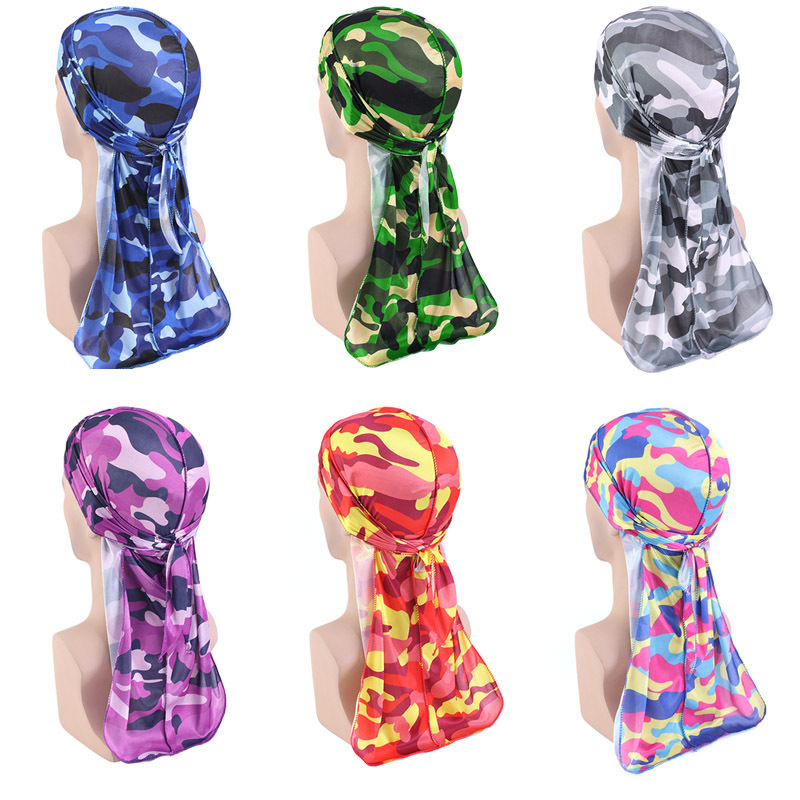 Foulard unisexe long imitation soie, Doo Rag musulman, Chapeau de pirate, Durag, Bonnets chimio camouflage, Chapeau crâne, Turban, Bandeau pour cheveux, Bandanas