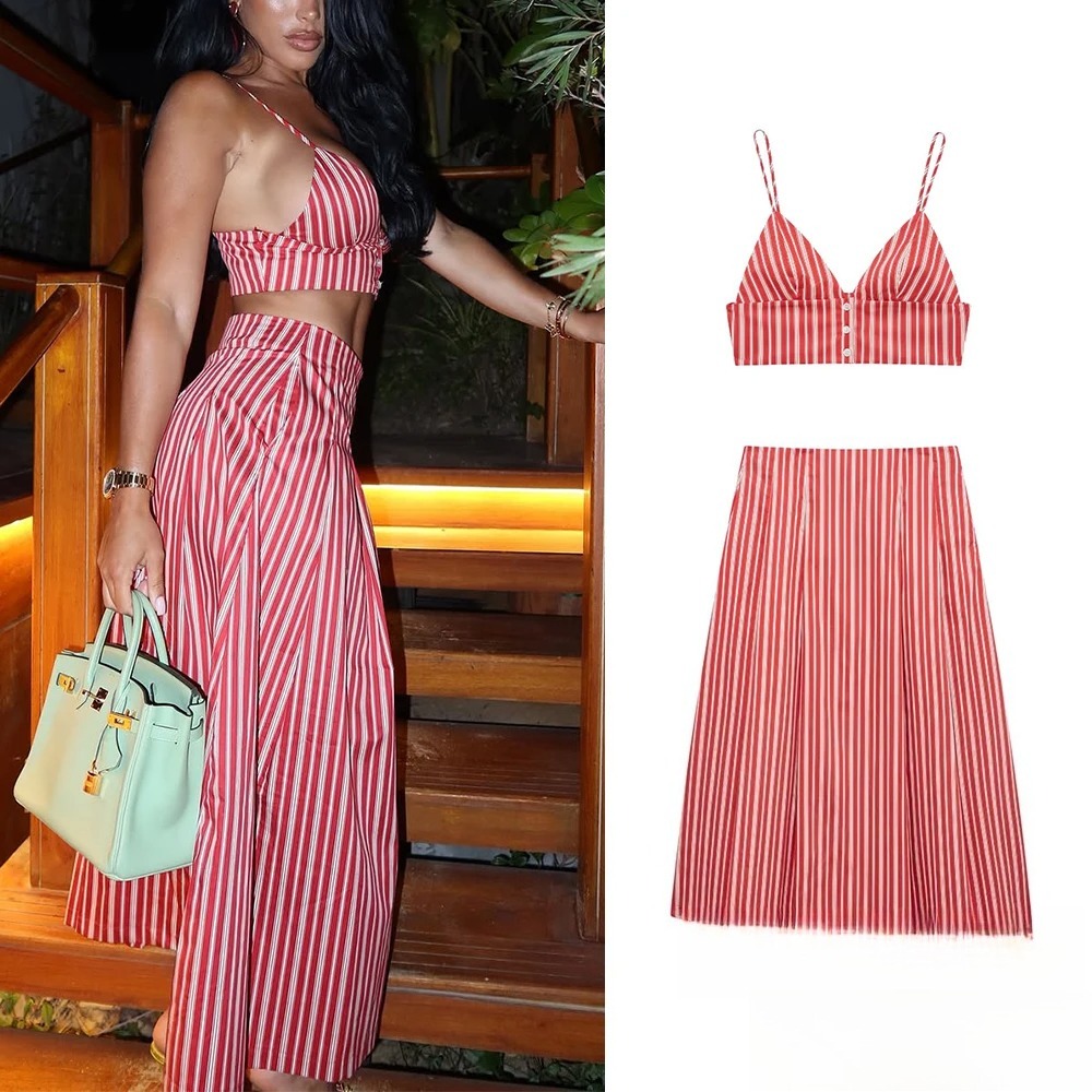 KONDALA Sexy rayé imprimé femmes costumes col en V Corset hauts courts taille haute jupes amples mode 2025 été plage Style ensembles