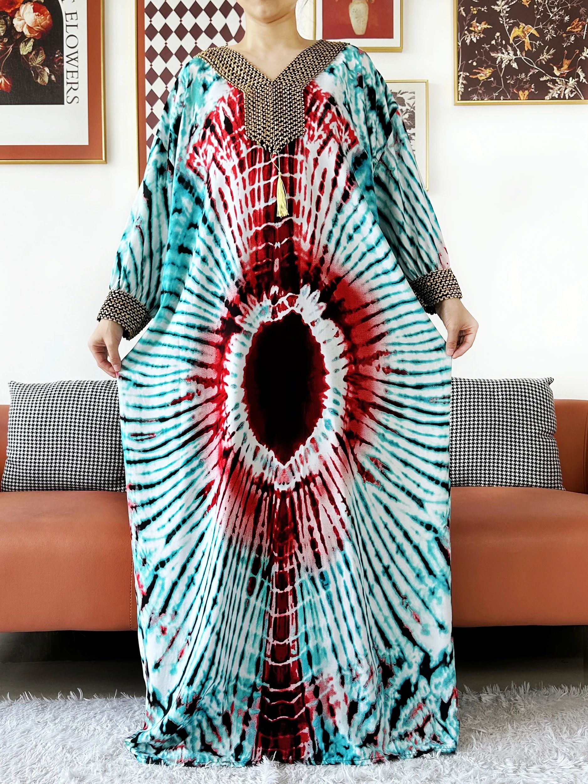 Robe de soirée à manches longues brodée fil d'or coton femmes ample Abaya Boho robe Maxi décontracté robe de mode robes africaines
