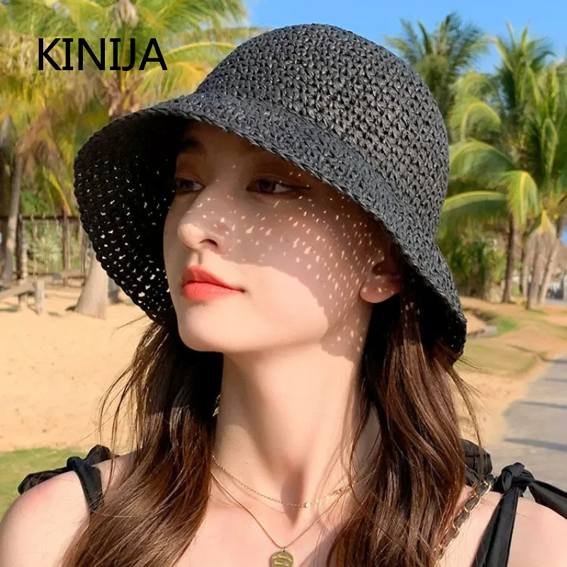Chapeau de paille de plage pour femme, chapeau bob d'été, chapeau de pêcheur, chapeau Panama tissé à la main, chapeau de soleil pour fille, accessoire de pêche