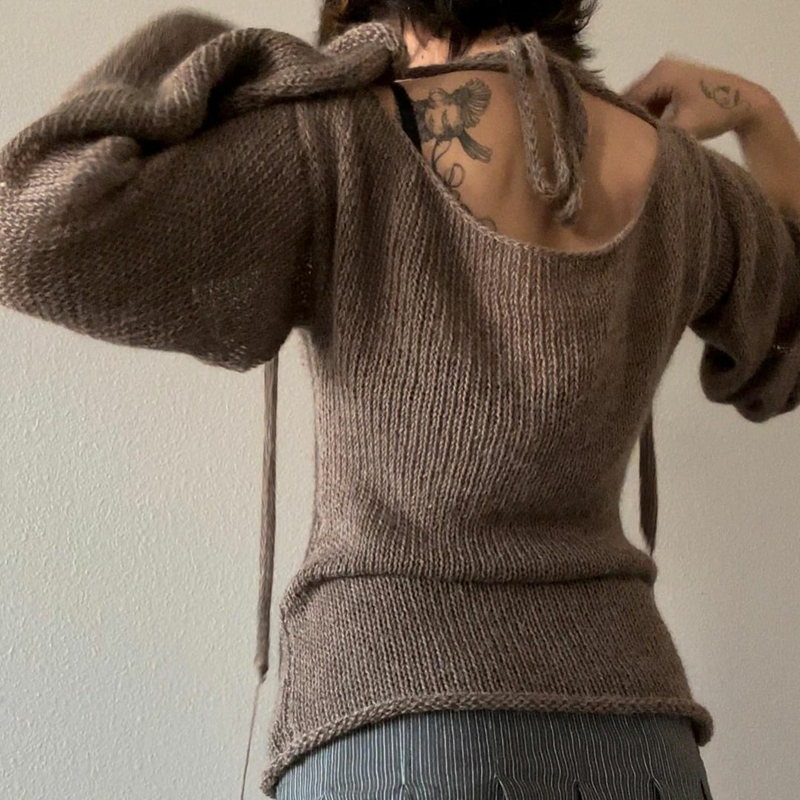 Pull tricoté à manches longues et col bateau pour femme, haut à nouer, dos nu, mode coréenne Y2K, Vintage, automne