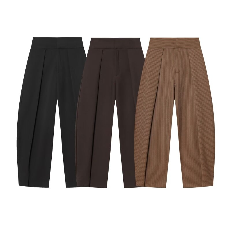 Pantalon large pour femme, style rétro, couleur foncée, plissé, taille haute, décontracté, pour le travail ou le bureau, coupe droite