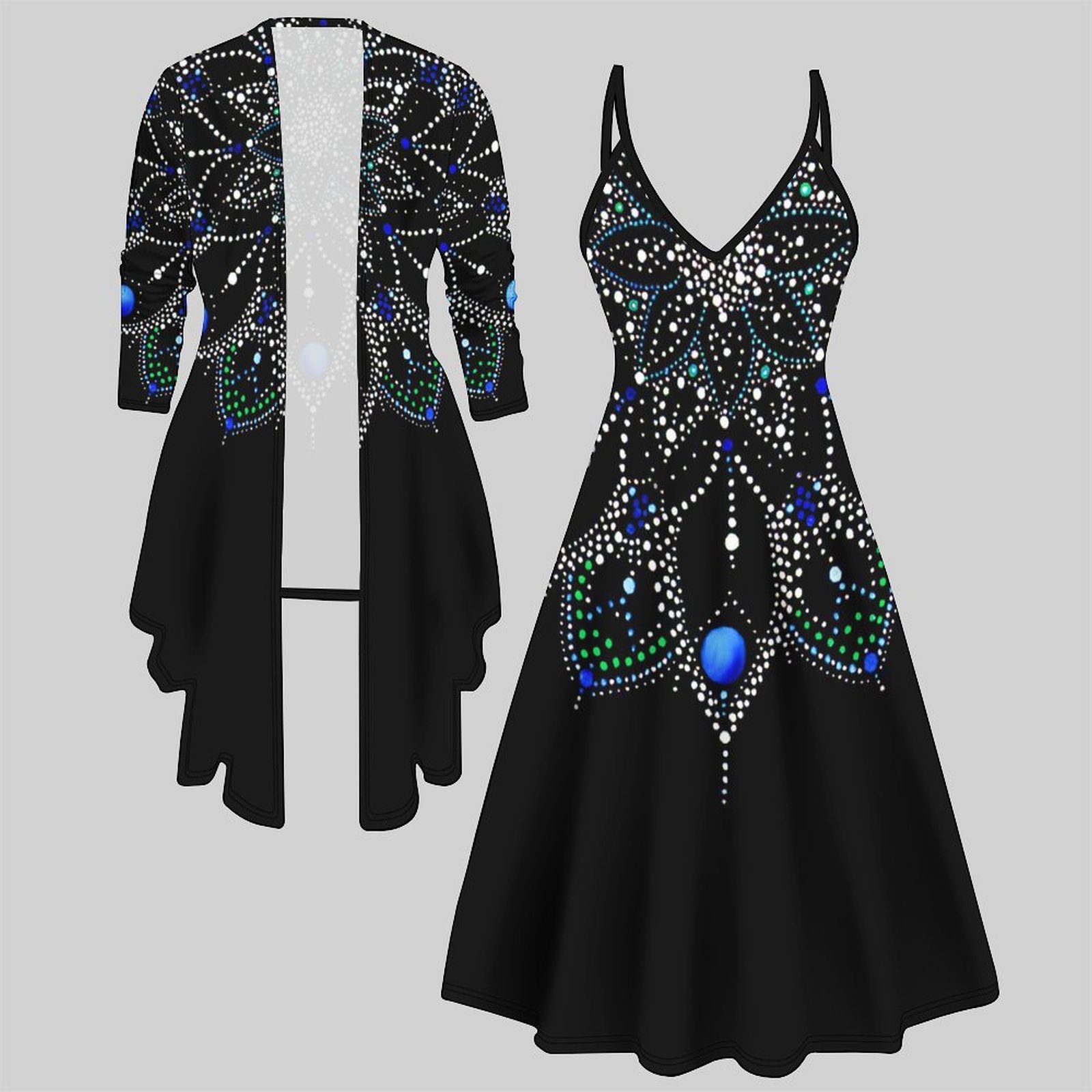 Ensemble deux pièces imprimé tendance pour femme : Robe midi col en V et cardigan asymétrique à manches 3/4, tenue décontractée pour les vacances