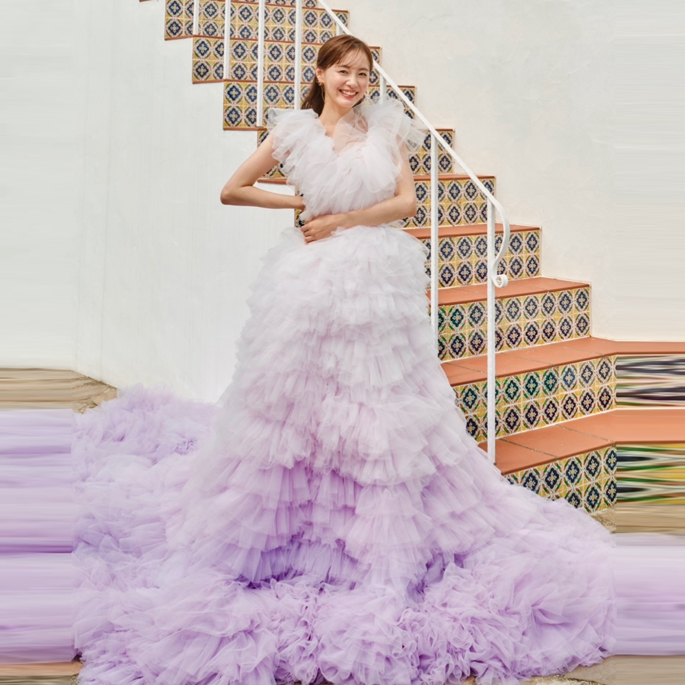 Robe de bal de luxe en tulle dégradé lavande pour femme, avec volants en maille, robe de soirée, de mariage ou de cérémonie, longue traîne, style célébrité