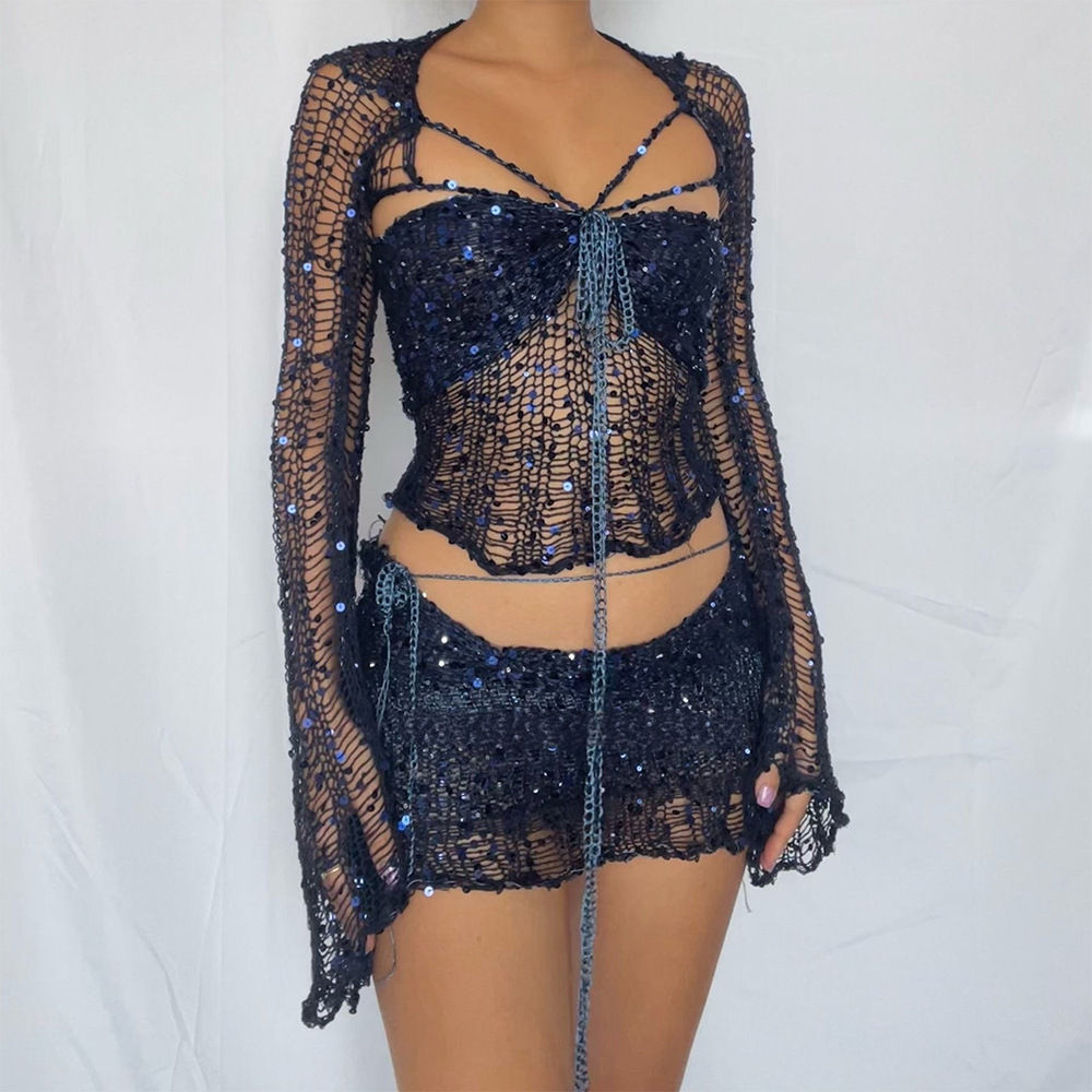 Ensemble de robes pull trois pièces pour femmes, robe évidée, haut court à manches longues, soutien-gorge et jupes, paillettes de fête