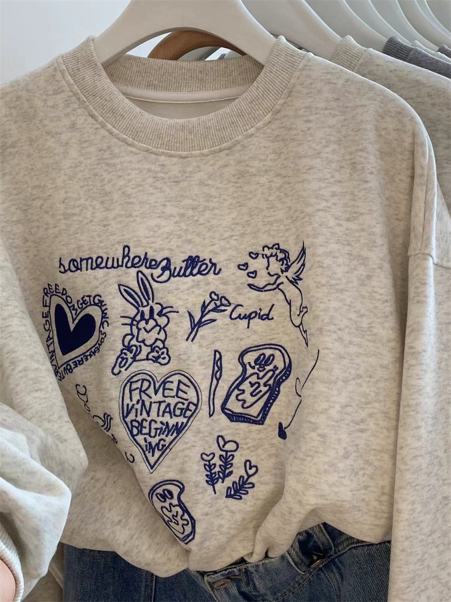 Mode coréenne femmes gris brodé col rond sweats courts automne manches longues vacances pulls hauts décontracté populaire