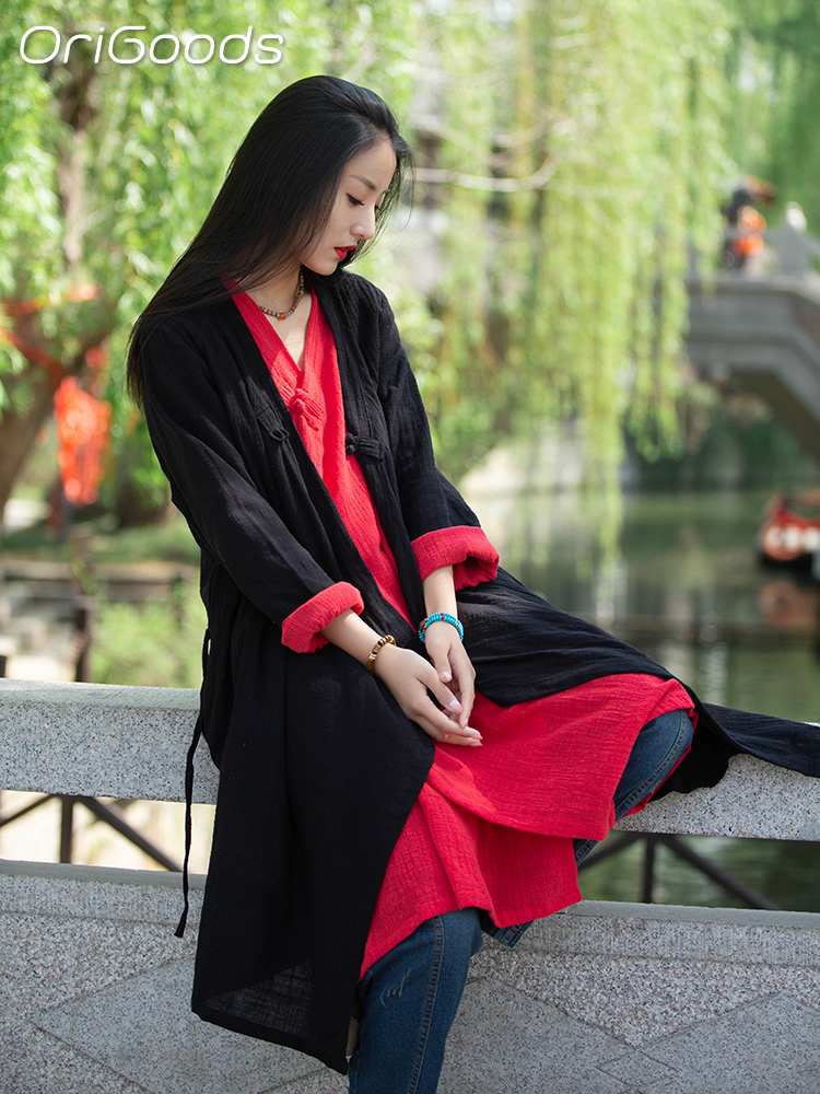 OriGoods femme longue Kimono chemise Style chinois coton chemises élégantes en vrac Zen japon Mori fille femme 2025 été nouveaux hauts B051