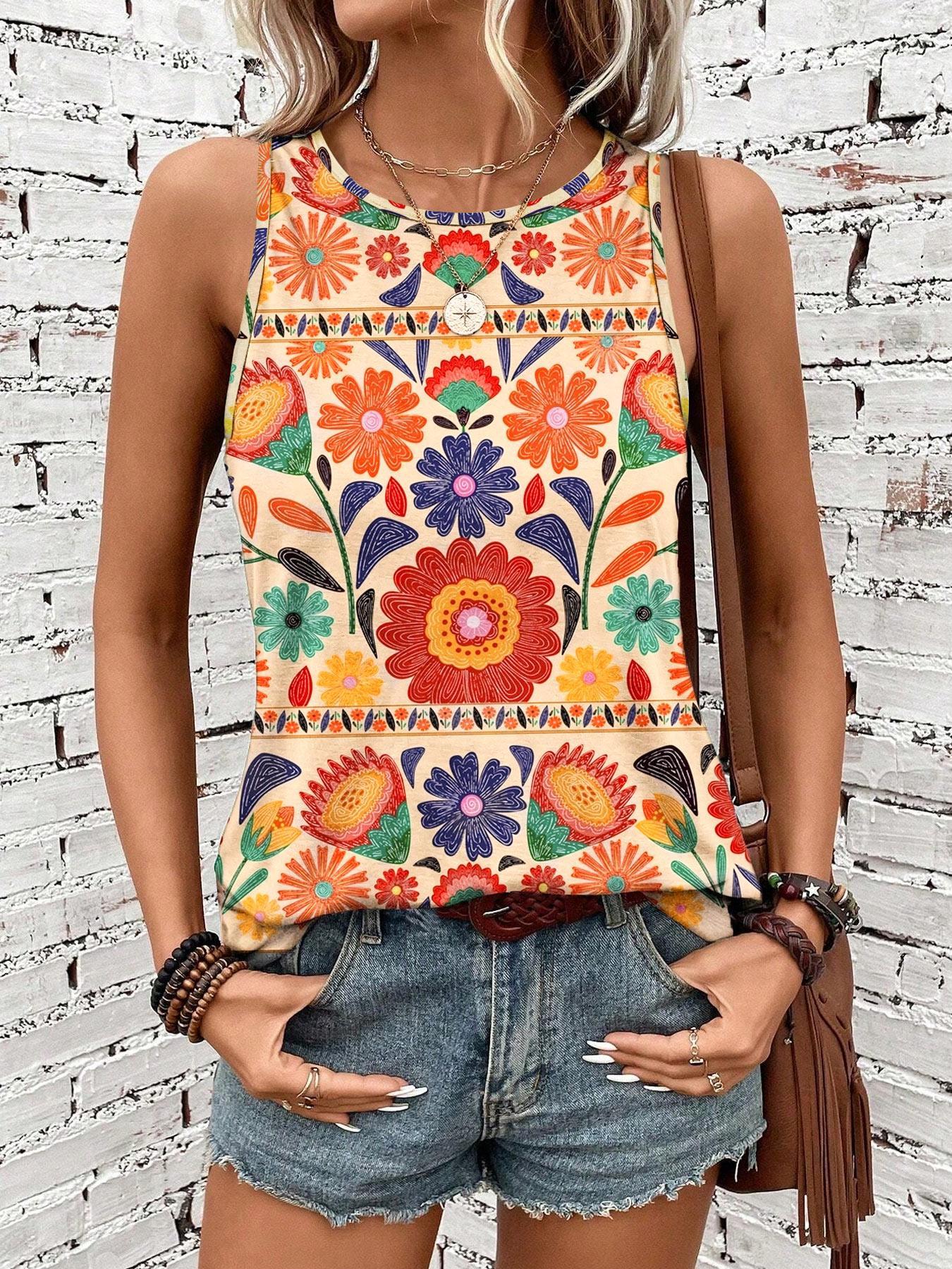 Gilet à imprimé floral pour femmes, col rond sans manches, décontracté pour l'été, style bohème ample pour tous les jours