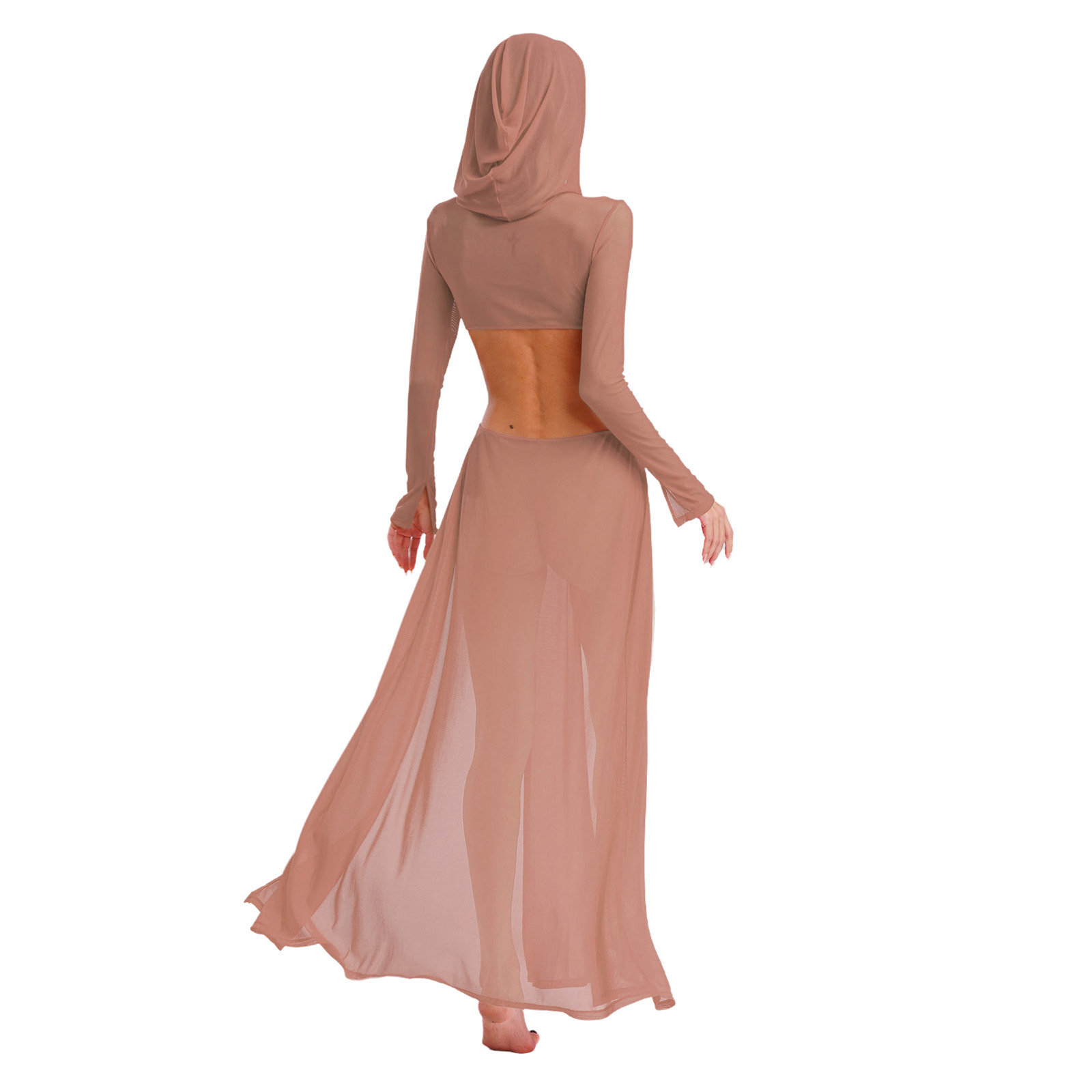 Robe transparente pour femmes, Maxi, fente haute, masque facial à capuche, manches longues, ajourée, Cover-Up pour les maillots de bain, robe en maille Sexy