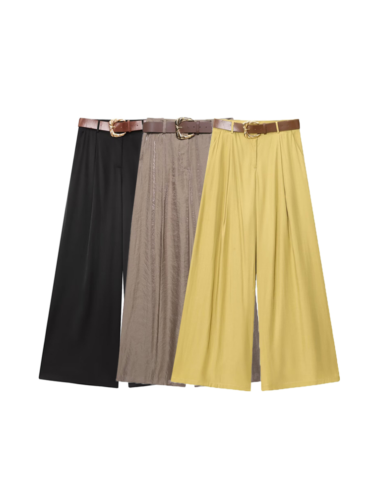 Pantalon taille haute à jambes larges pour femmes, mode ceinturée, fléchettes avant, poches latérales