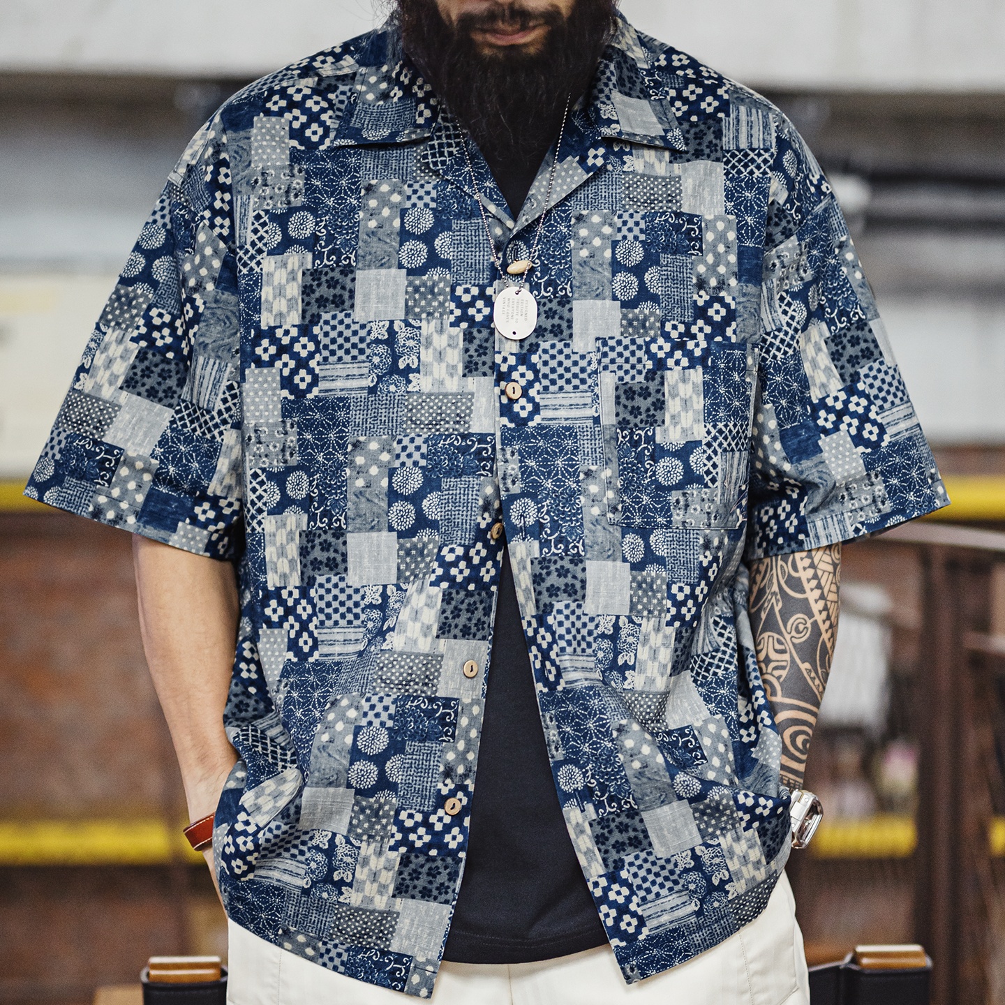 Chemise à manches courtes en coton imprimé pour homme Maden, style Boro patchwork, décontractée, boutonnée, légère, respirante, pour l'été