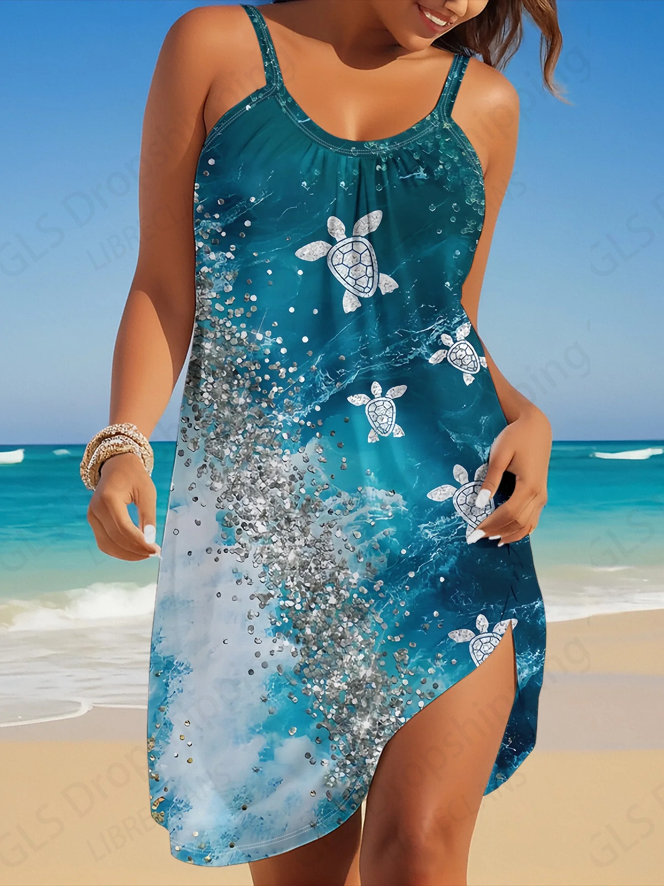 Robe de plage sans manches 3D tortue marine pour femme, style bohème, mini-robe à bretelles, élégante, décontractée, pour soirée, dégradé