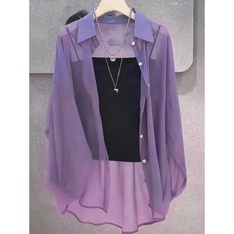 Nouvelle chemise femme |   Léger respirant, couleur unie, patte de boutonnage droite, revers, manches longues, vêtements d'extérieur et protection solaire