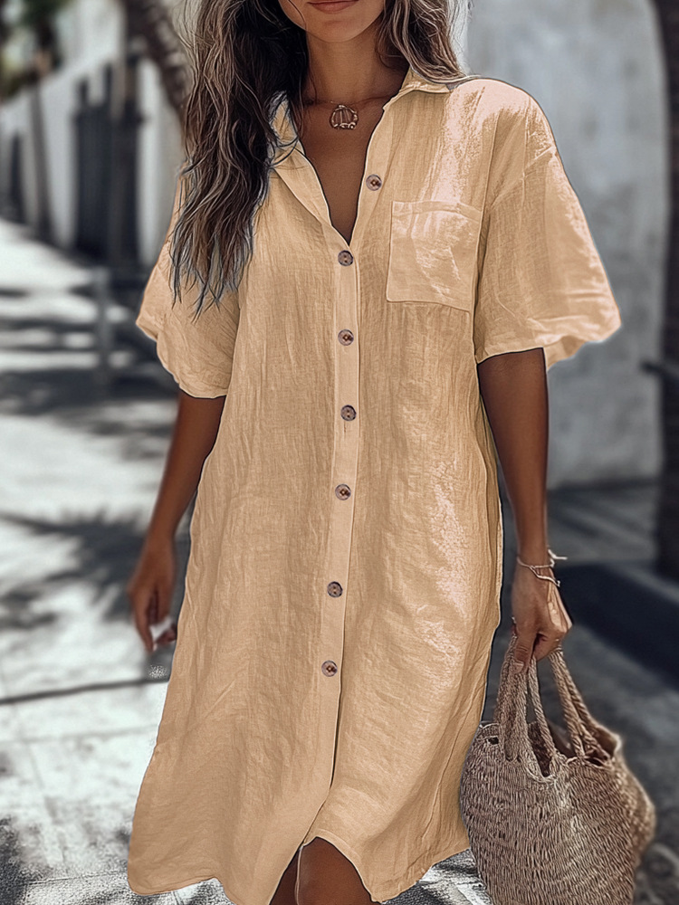 Robe chemise élégante pour femme avec poche, manches courtes, col boutonné, décontractée, ample, pour la plage