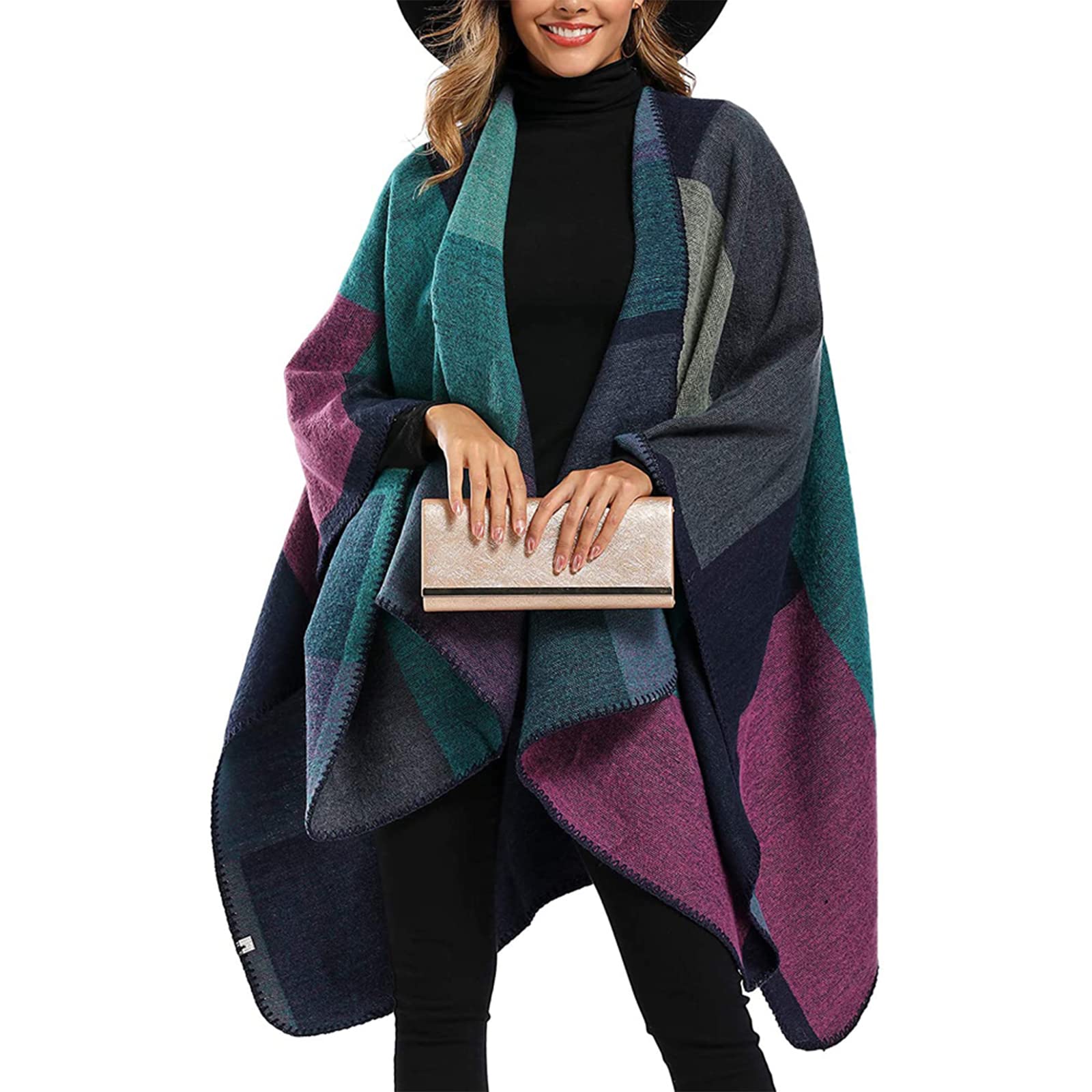 Épaissir hiver châle enveloppes Cape femmes automne Ponchos grande taille bloc Plaid ouvert devant pull polaire écharpe manteau tenues de vacances