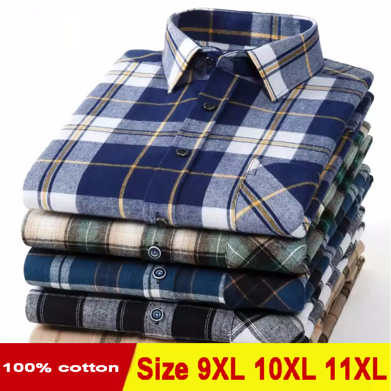 Chemises à carreaux en flanelle pour hommes, taille 11XL 10XL 9XL, à manches longues, en coton, chemisier décontracté, doux, coupe Standard, vêtements masculins