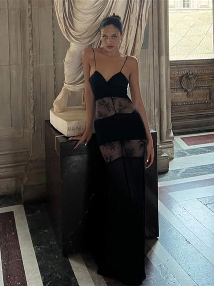 Robes longues en dentelle pour femmes, couleur unie, Slim, épissure, col licou, ajouré, dos nu, Robe Sexy pour femmes