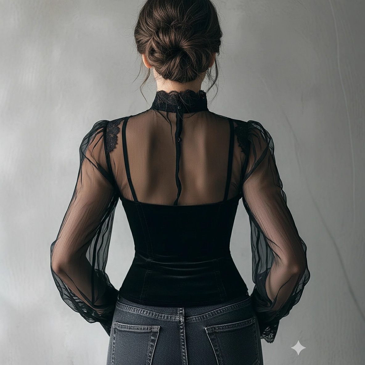 Chemisier Slim en maille pour femmes, haut élégant en dentelle transparent, gothique, Punk, col haut, velours, Patchwork, manches longues, automne