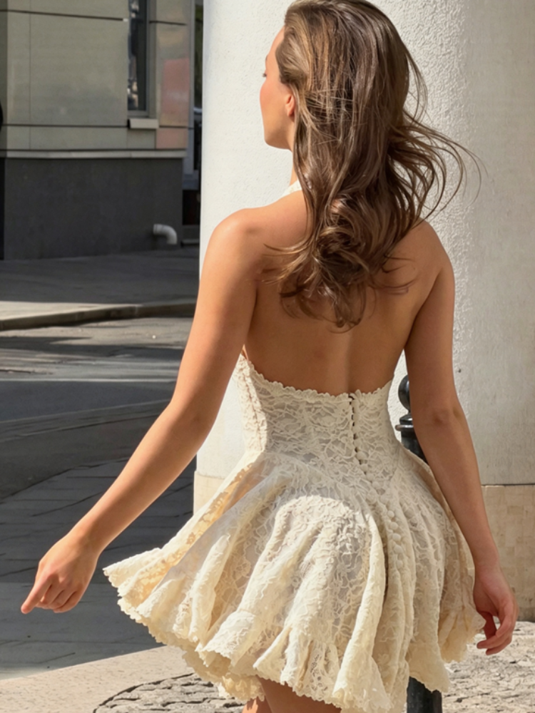 Robe Courte Femme en Dentelle à Col Halter, Sexy, Décolleté Plongeant, Dos Nu, Jupe à Volants, Tenue d'Été Ajustée Coupe A-Line pour Vacances et Soirées Cocktail
