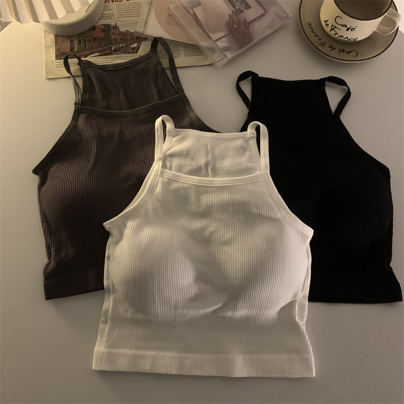 Haut court avec coussretours de poitrine pour femme, caraco basique, fibre rayée, mode décontractée, version coréenne