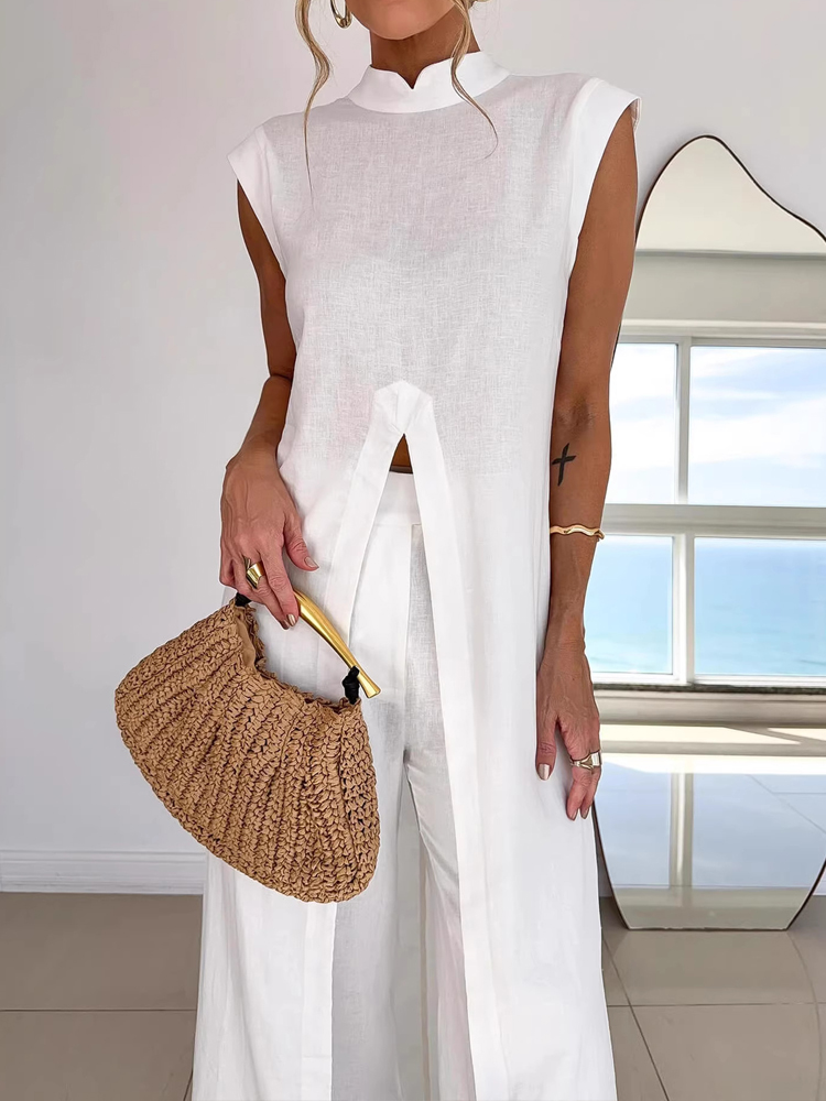 Ensemble décontracté 2 pièces pour femme, élégant et tendance, couleur unie, pull long fendu à col rond et pantalon long