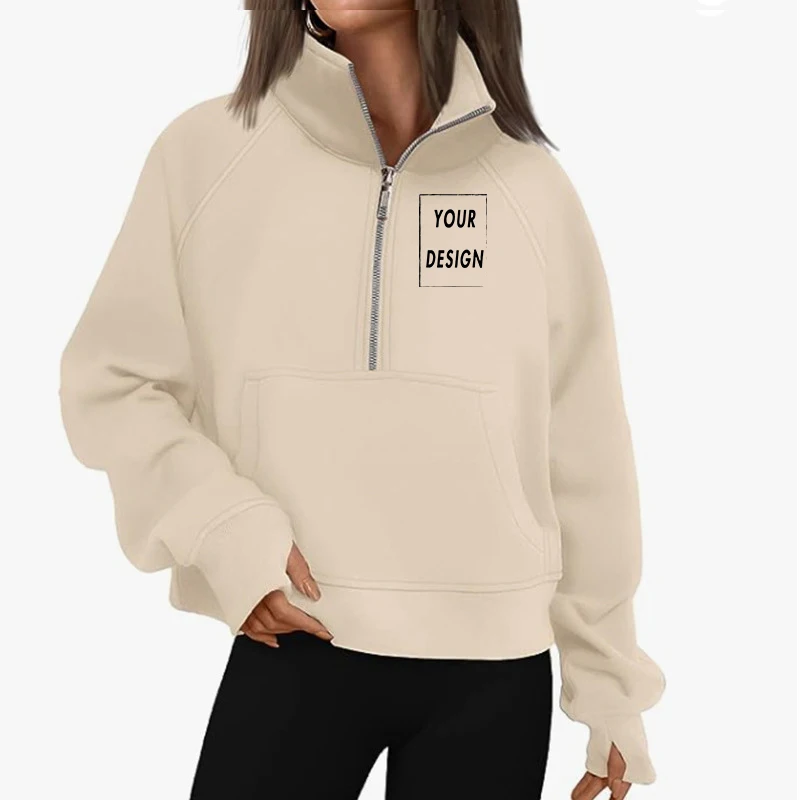 Sweat à capuche avec nom personnalisé pour femme : sweat à capuche, col haut, couleur unie, manches longues, coupe ample, design demi-fermeture éclair, avec casquette, haut