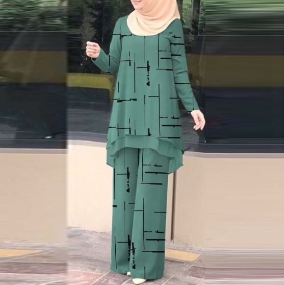 Ensemble 2 Pièces pour Femmes Musulmanes : Blouse et Pantalon Large Imprimé – Tenue de Ramadan, Maroc, Dubaï, Islam, Aïd 2026