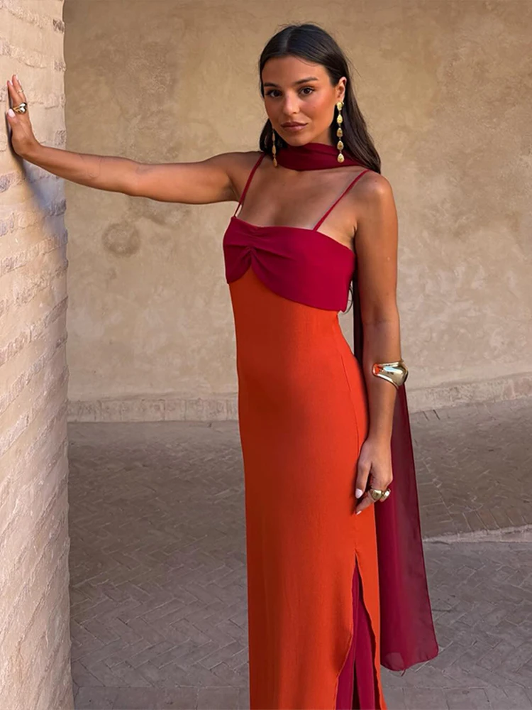 Nouvelle Robe Longue Chic Femme 2026 à Col Écharpe Color Block, Sexy, Fendue, Moulante, avec Taille Cintrée, pour Soirée