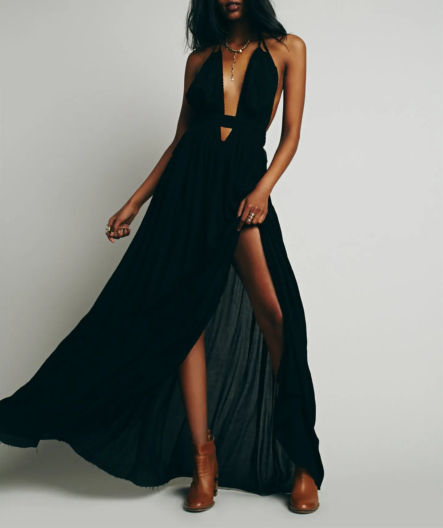 Canwedance plage robe d'été col en V dos nu Sexy robe de vacances coton Maxi robes Boho robes vacances robe sans bretelles