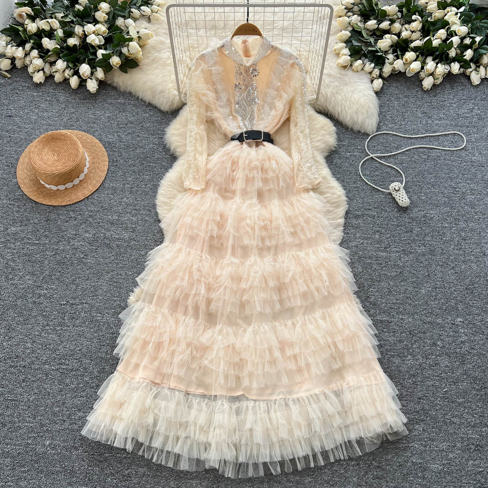 Robe de soirée longue en maille pour femmes, tenue à volants, col montant, manches longues, ligne A épissée, taille haute, pour mariage
