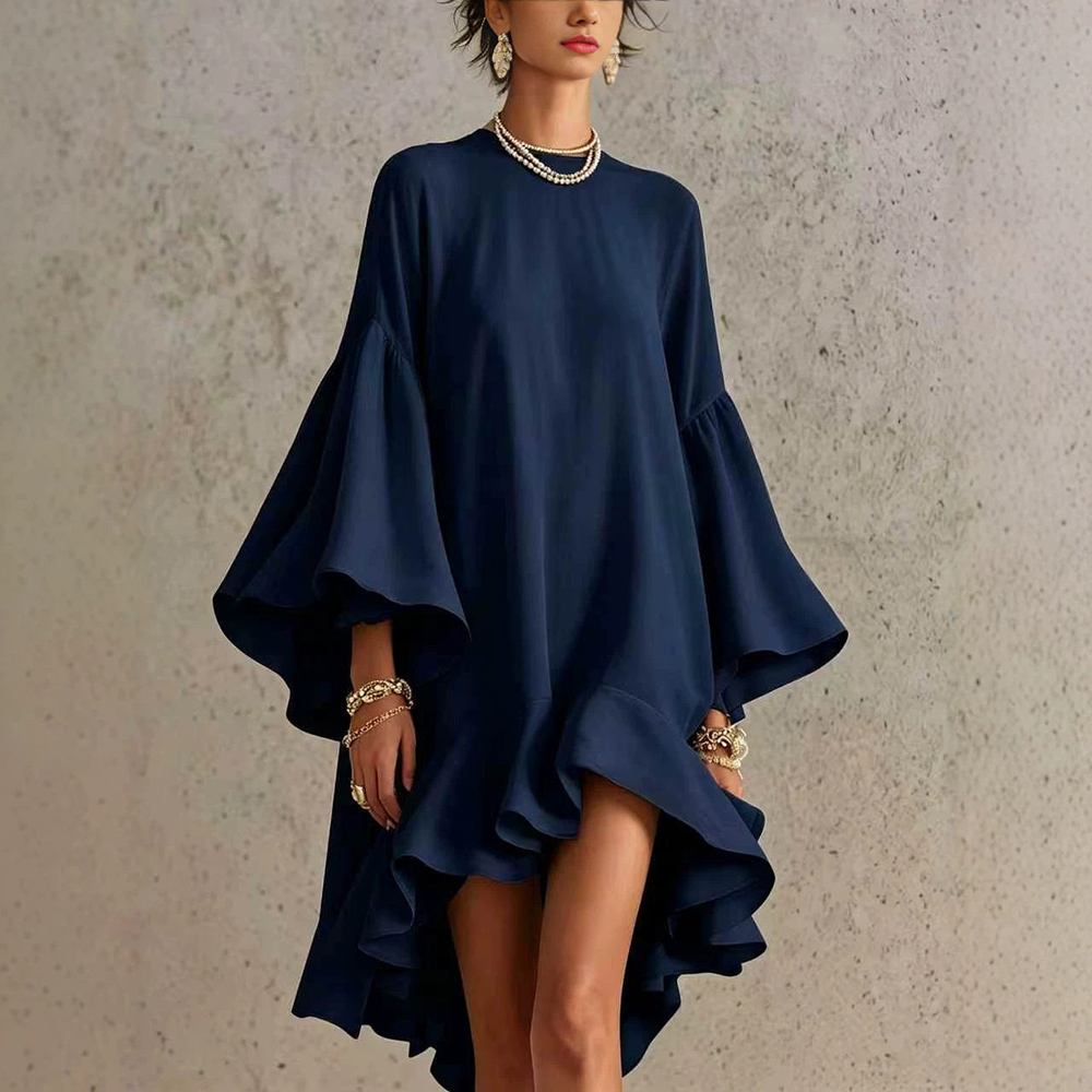 Robe mini élégante en mousseline pour femme, unie, col rond, manches longues évasées, coupe ample, ourlet asymétrique à volants, style chic urbain pour l'été