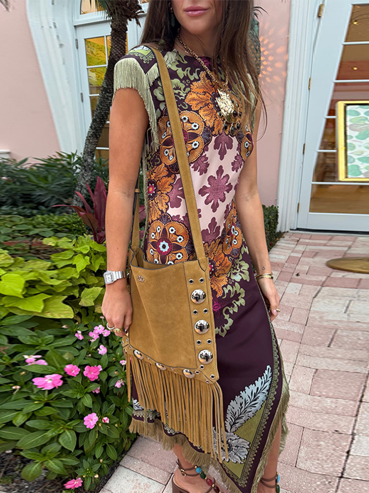Robe élégante imprimée pour femme, sans manches, à franges, coupe ajustée, asymétrique, collection Printemps-Été 2026, chic, pour les vacances