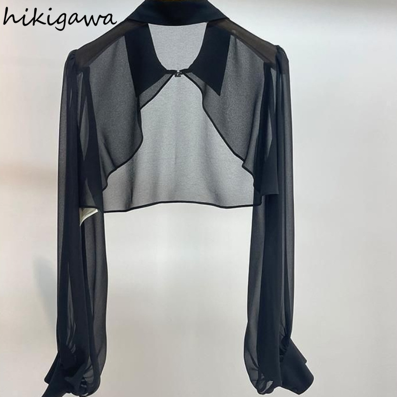 2026 Blouses Femme Tendance d'Été, Vêtements Féminins, Crop Tops, Chemises Chic Transparentes à Manches Longues, Blouse Chiffon Style Châle