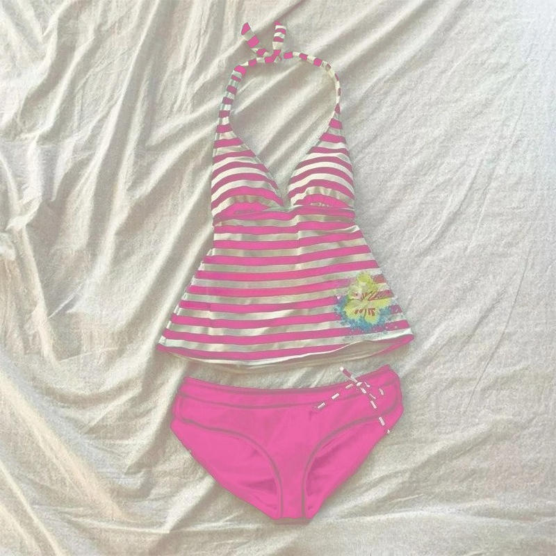 Femmes été plage Bikini ensemble Sexy mince Chic rayé licou col en V maillot de bain 2 pièces Vintage décontracté maillots de bain fendu maillot de bain