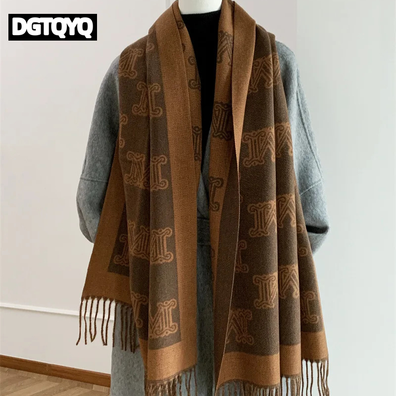 Écharpe douce et chaude Double face pour femme, châle thermique d'hiver, polyvalent et élégant, en Fiber de Polyester, avec lettres de luxe
