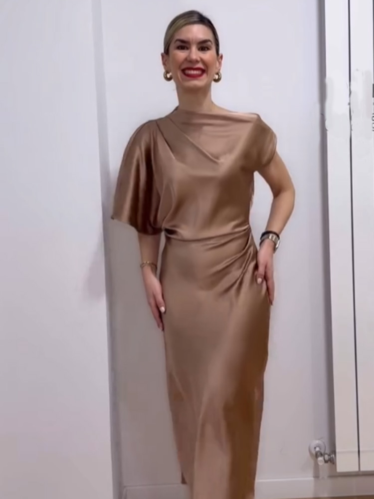 Robe midi asymétrique en satin de soie texturé polyvalente pour femme HH, robe d'été élégante et sexy pour femme, robe longue jusqu'aux chevilles Mujer