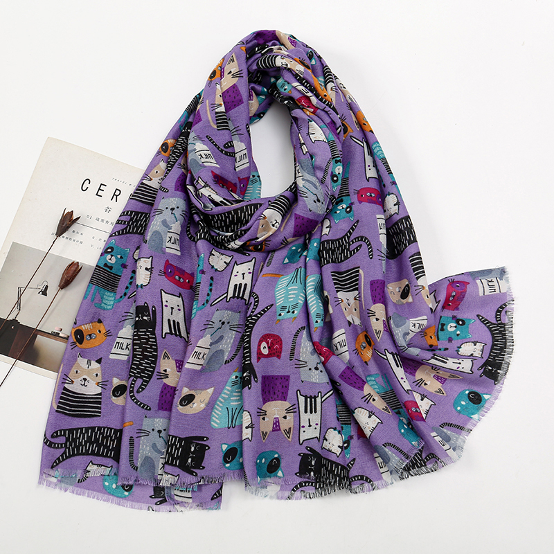 Femmes imprimé écharpe longue châle Animal luxe Designers écharpe mignon chat modèles Hijab doux Viscose Hijab femmes Floral Tippet