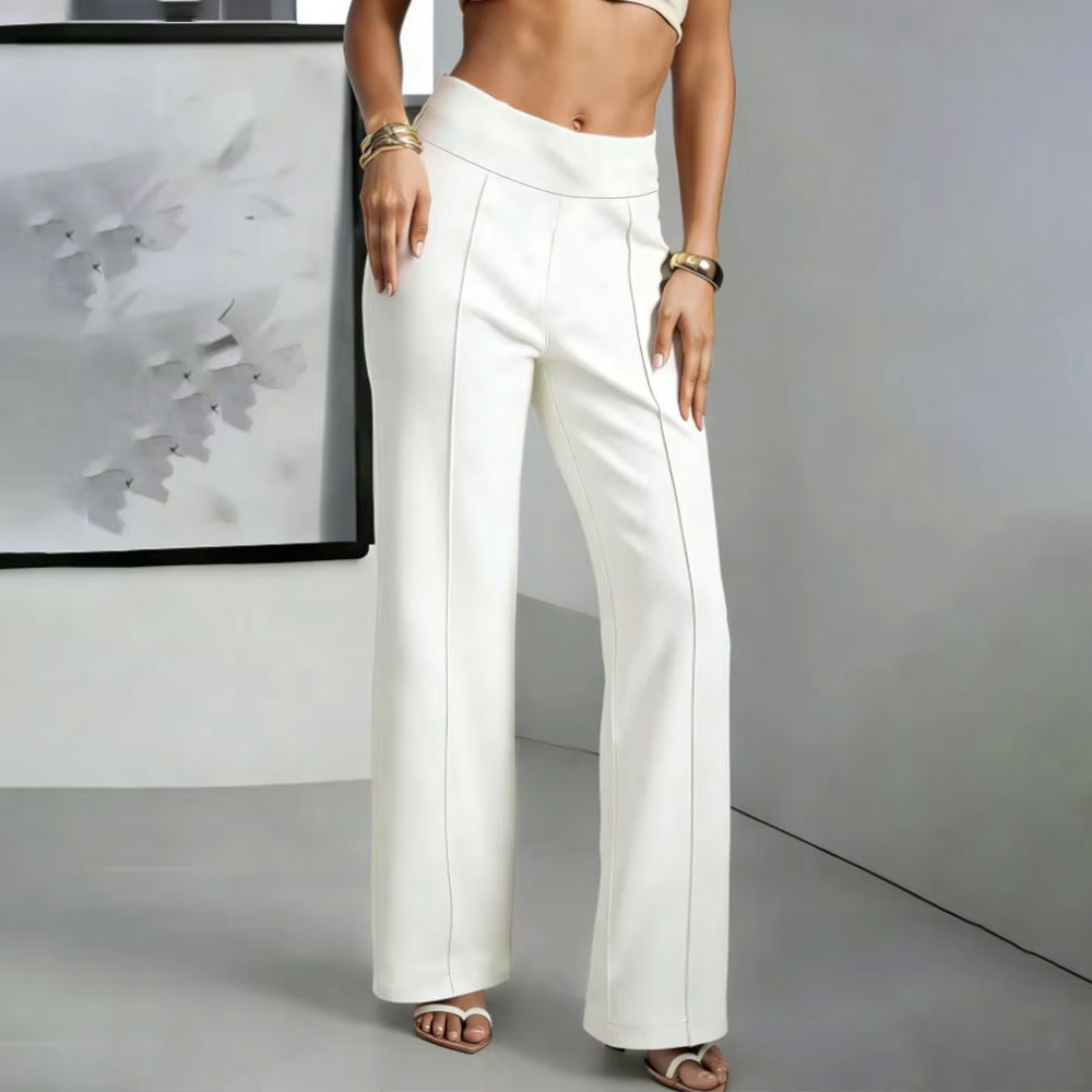 Pantalon droit élégant taille haute pour femme, coupe simple, idéal pour le bureau, blanc, doux, élastique, séchage rapide, jambe large, tenue de travail