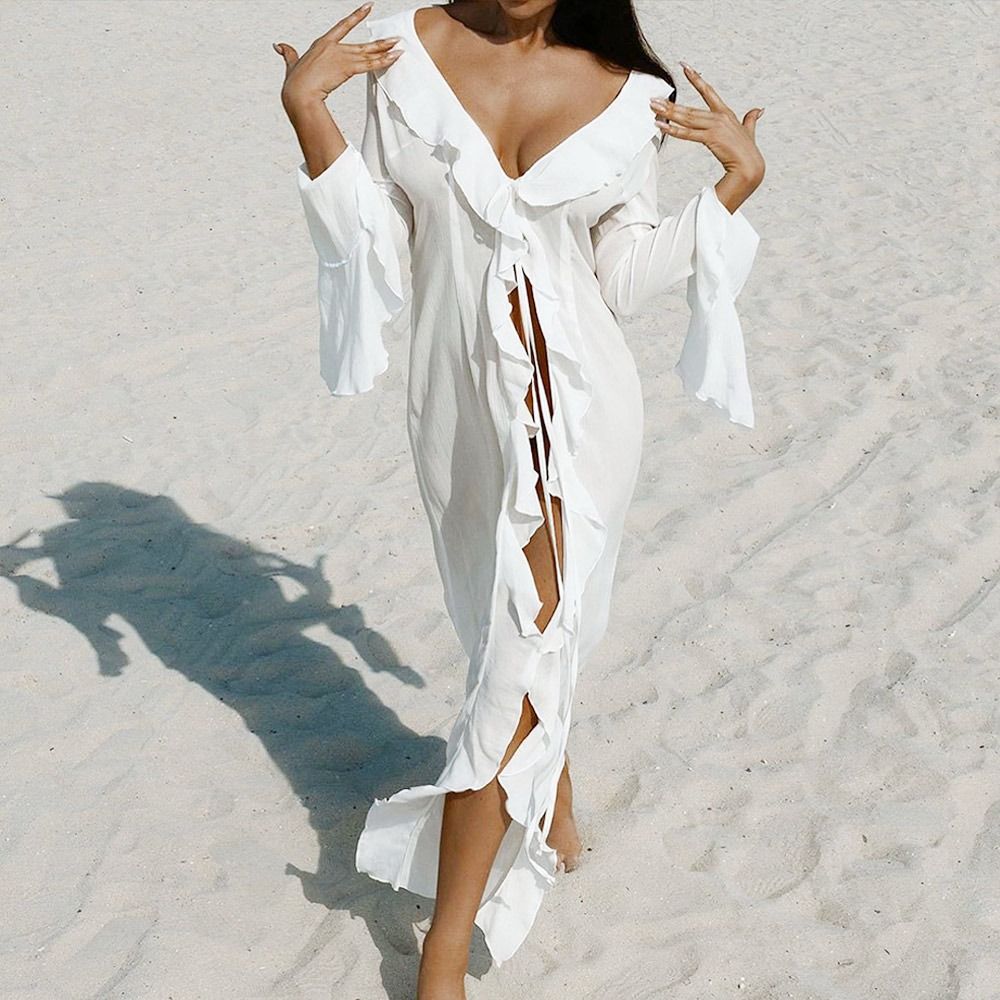 Mode col en V été plage couvrir à volants à manches longues robe de plage maillot de bain vacances Bikini crème solaire Smock pour les femmes