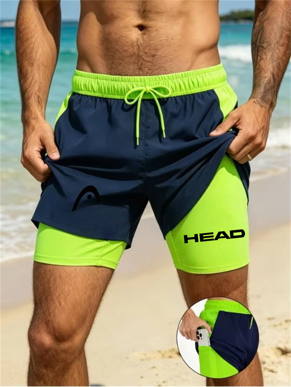 Shorts de sport d'été pour hommes, pour le surf, extensibles, à séchage rapide, amples et respirants, à double couche