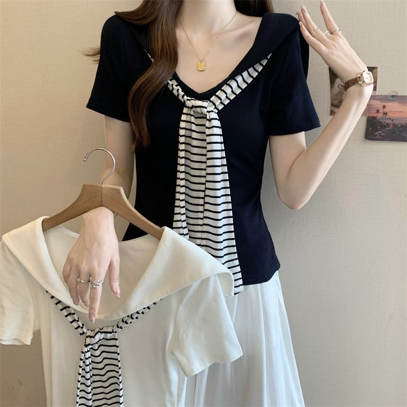 T-shirt à manches courtes pour femmes, grande taille, style décontracté, ample et fin, à rayures, col marin, nouvelle collection été