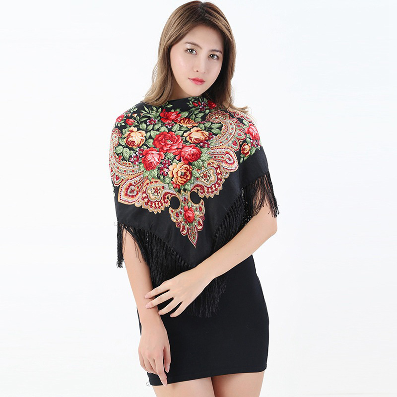 Babushka écharpe russe Pashmina femme châle carré hiver bandeau femme rétro motif Floral gland coton écharpe Hijabs