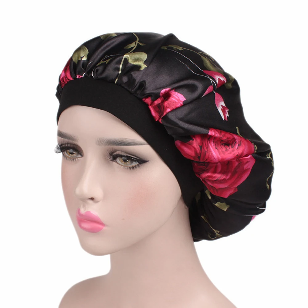 Mode femmes Satin Bonnet nuit sommeil chapeau élastique large bande perte de cheveux couverture tête enveloppement
