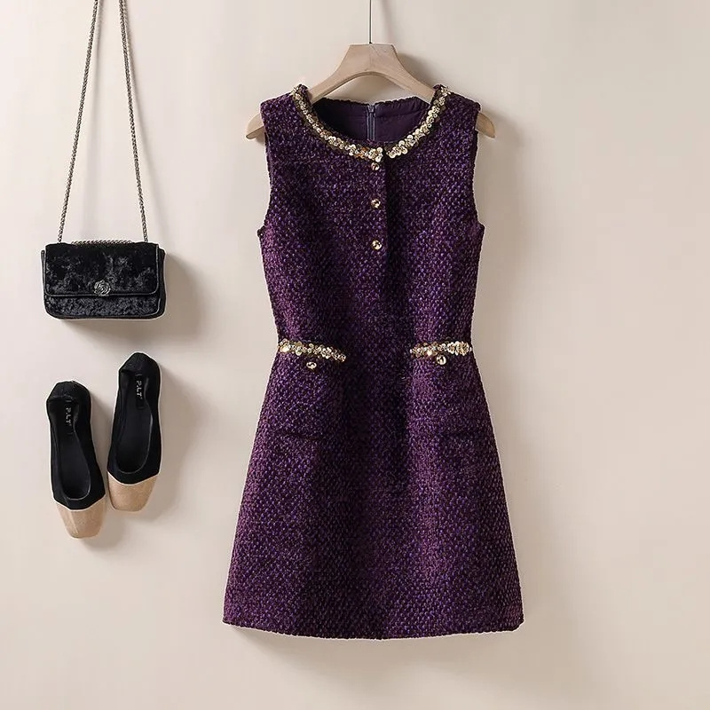 Robes pour femmes petit gilet en Tweed parfumé jupe perlée paillettes Tweed un mot robe ample 2025 printemps et automne nouvelle robe pour femmes
