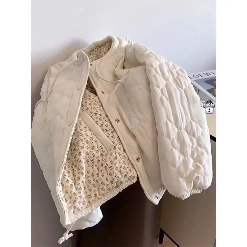 Veste Chic en velours côtelé à fleurs pour femmes, haut coréen en coton à manches longues et col rond, coupe ample, chaud et polyvalent, automne hiver