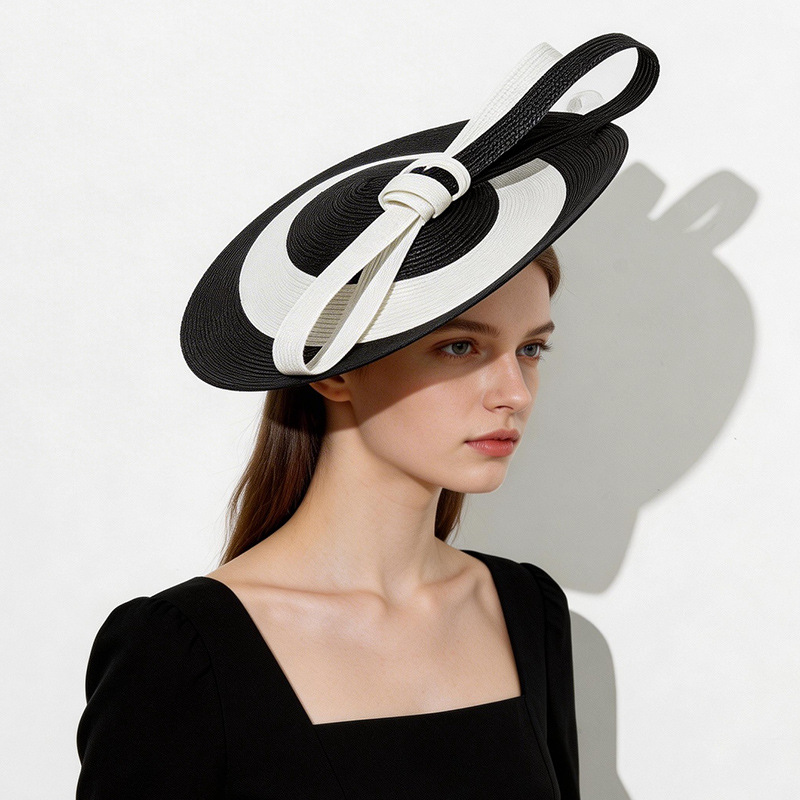 Grand chapeau fascinateur en paille à larges bandes, bandeaux élégants pour femmes, accessoire de tête pour bal de promo, fête, mariage, style français, chapeau de mariage femme