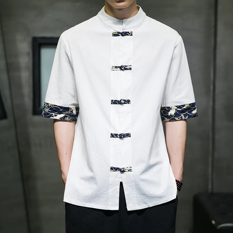 Chemise Kimono japonaise pour hommes, rétro chinois, imprimé décontracté, coton et lin, couture, hauts à manches courtes, haut d'été de qualité, Streetwear pour hommes