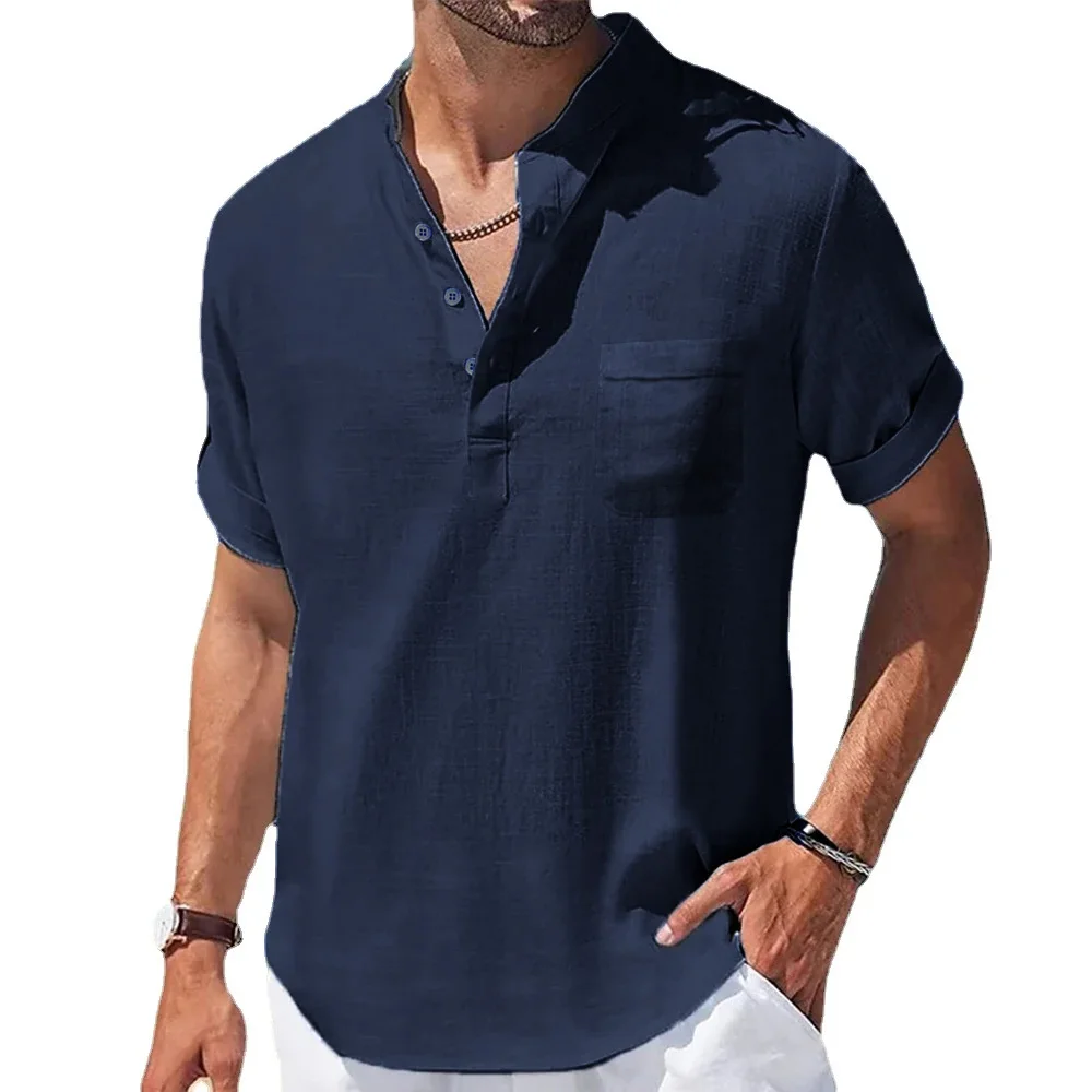 T-shirt en coton et lin pour hommes, col Henry, manches courtes, hauts décontractés, léger, à la mode, classique, avec boutons, offre spéciale, été